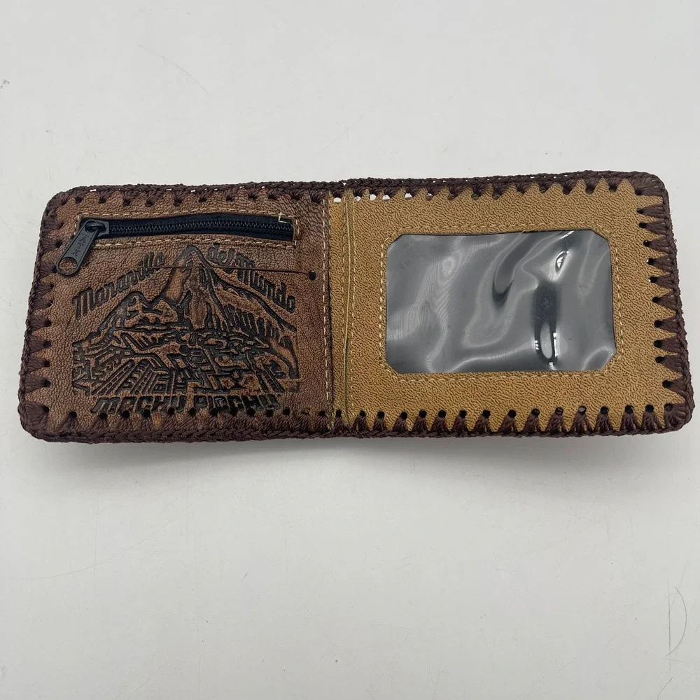 Vintage Peru Machu Picchu Cusco Brown Leather Tooled Bifold Wallet Whipstitch
